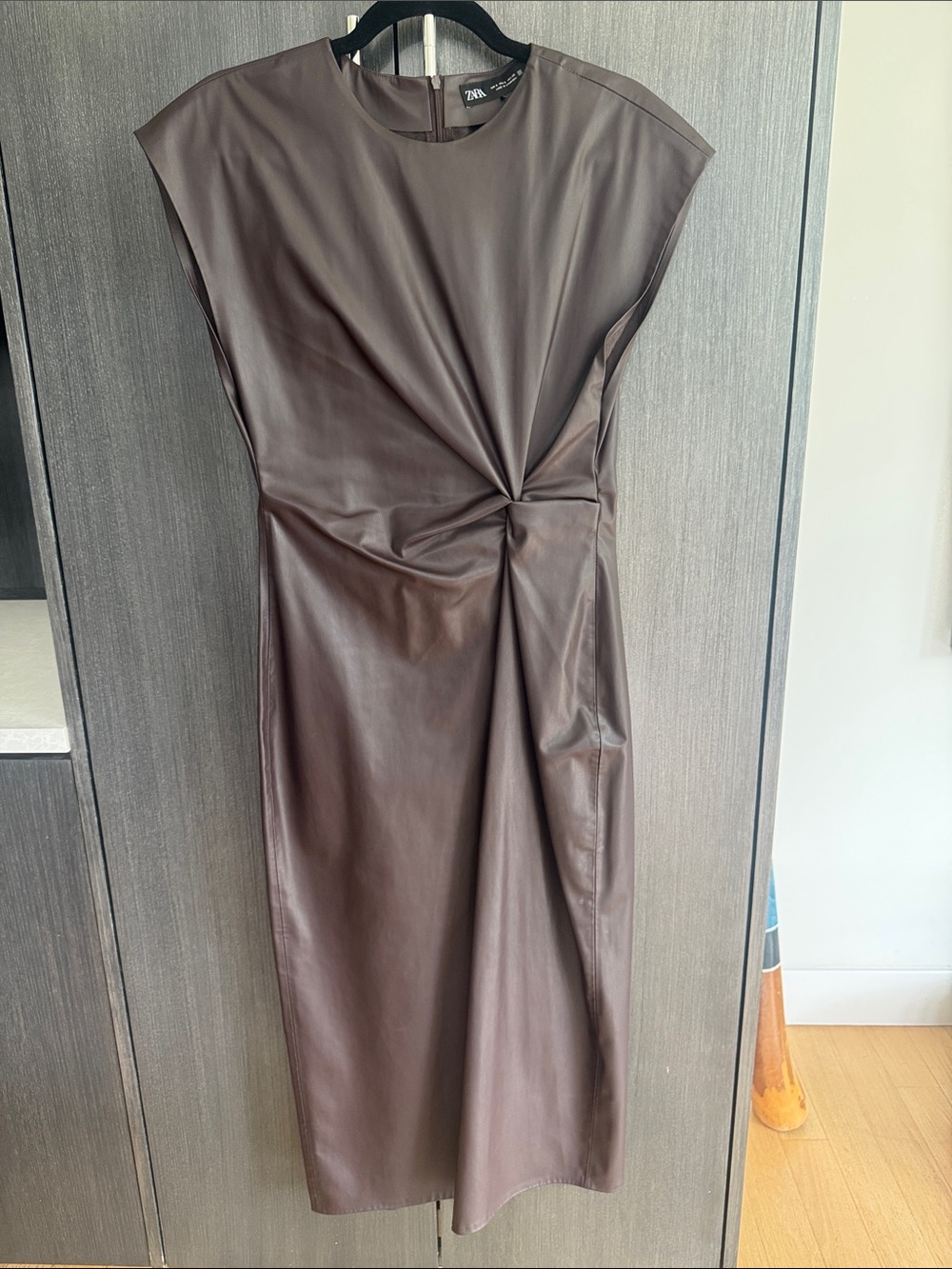 Zara Brown Faux-Leather Twist-Waist Midi Dress